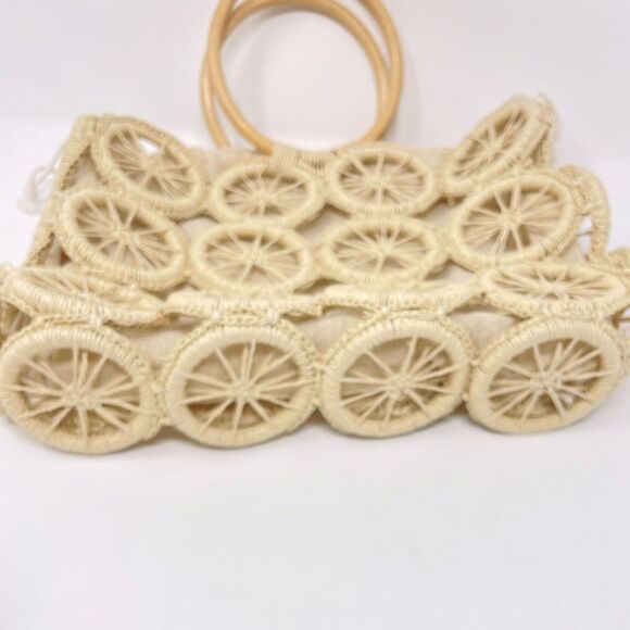 Multi Circle Summer Beach Bag Tote Orange Slice Open Lined Natural Round Handles - Picture 6 of 10